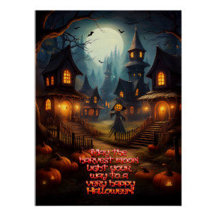 Poster Village d'Halloween effrayant avec épouvantail