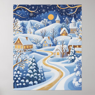 Poster Village d'hiver éclairé par la lune avec un chemin