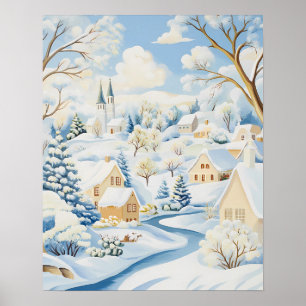Poster Village d'hiver lumineux avec collines enneigées e