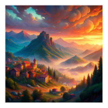 Village du coucher de soleil dans les montagnes, P