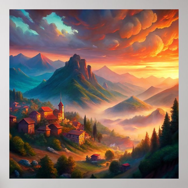 Poster Village du coucher de soleil dans les montagnes, P (Devant)
