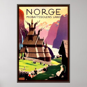 Poster Village en Norvège, Europe du Nord, voyage vintage