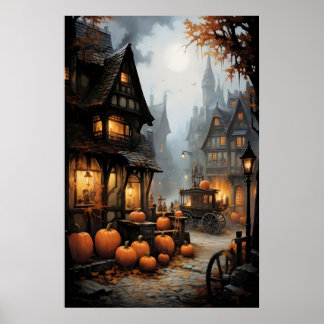 Poster Village Halloween Imprimé, Vieille Allemagne, Somb
