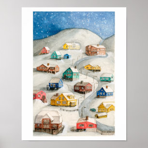Poster Village hivernal enneigé Art