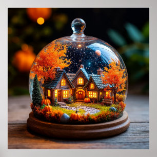 Poster Village Miniature d'Automne sous Cloche en Verre a