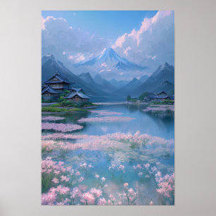 Poster Village Riverside dans le Vieux-Japon