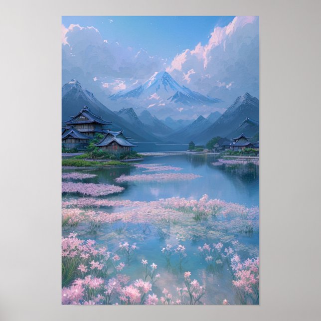 Poster Village Riverside dans le Vieux-Japon (Devant)
