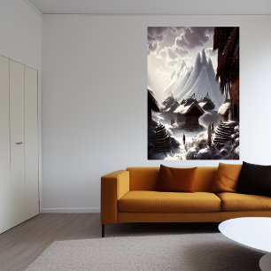 Poster Village sur la neige et la montagne   AI Art Poste