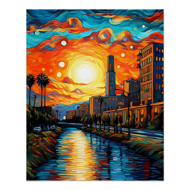 Poster Ville au coucher du soleil ; Vincent Van Gogh Styl (Devant)