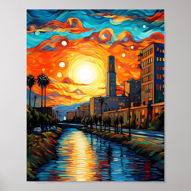 Poster Ville au coucher du soleil ; Vincent Van Gogh Styl (Devant)
