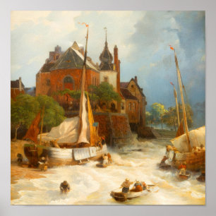 Poster Ville côtière néerlandaise vintage et voiliers