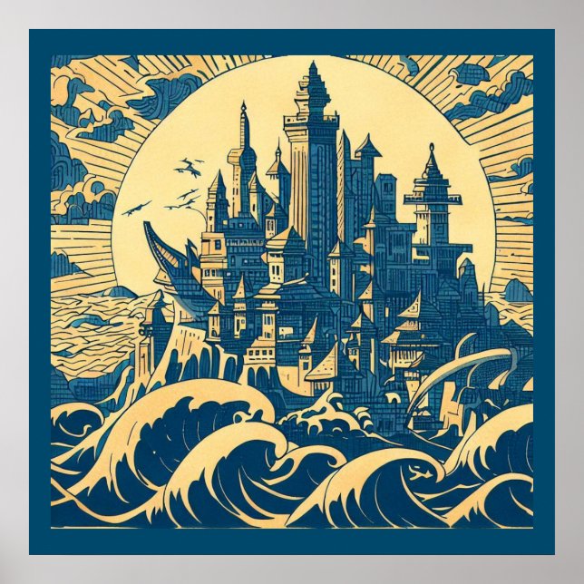 Poster Ville d'Atlantis 3 - Style Woodblock (Devant)