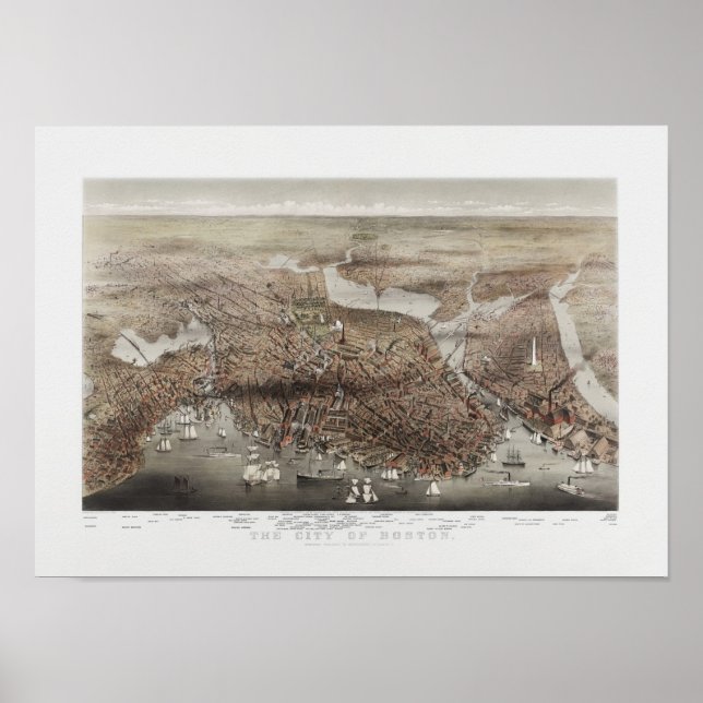 Poster Ville de Boston - Oiseau's Eye View - 1873 (Devant)