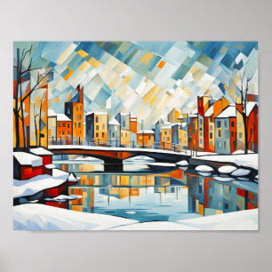 Poster Ville de neige cubiste avec ponts de canal