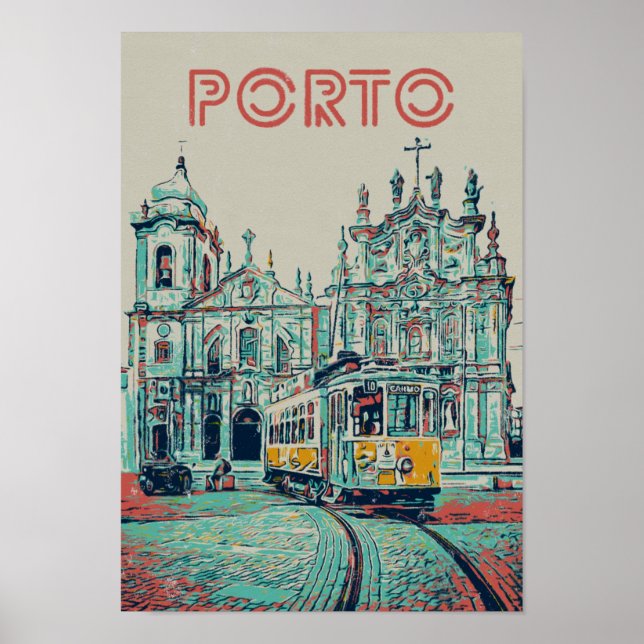 Poster Ville de Porto avec tramway illustration Portugal (Devant)