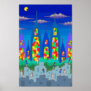 Poster Ville de vitraux sur une nuit étoilée.