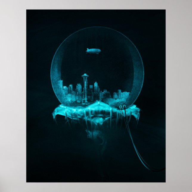 Poster Ville d'Imaginaire dans un globe de neige avec un  (Devant)