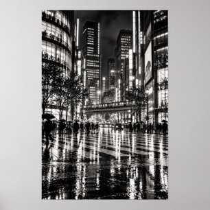 Poster Ville nocturne pluvieuse avec train surélevé noir