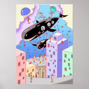 Poster Ville où se déplace le dirigeable baleine.