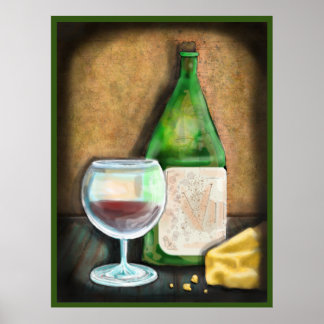 Poster Vin et fromage pour une femme d'âge moyen solitair
