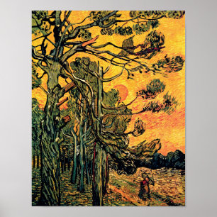 Poster Vincent Van Gogh - Pins Arbres Contre Un Ciel Roug
