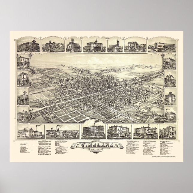 Poster Vineland, NJ Carte panoramique - 1885 (Devant)