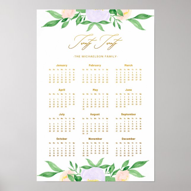 Poster Vingt Floral et nom Faux Gold Calendrier (Devant)