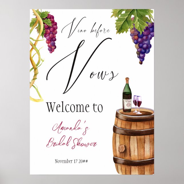 Poster Vino Before Vows Winery Fête des mariées Bienvenue (Devant)