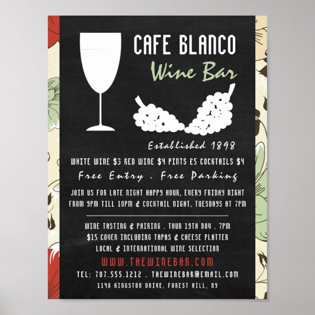 Poster Vins Et Raisins, Bar À Vins Floral Chalkboard / Vi (Devant)
