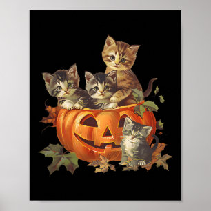 Poster Vintage 90s Chat Retro Citrouille Kittens Hallowee