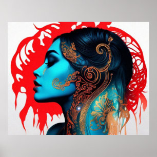 Poster Vintage abstraite belle turquoise rouge or femme 2