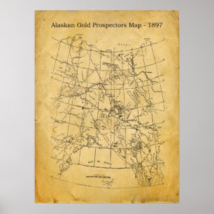 Poster Vintage Alaskan Gold Prospecting Map - 1897