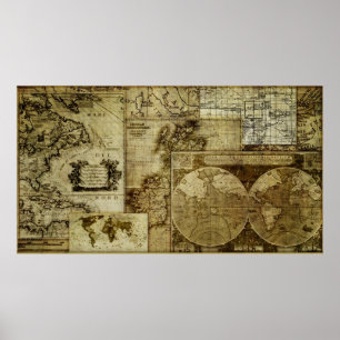 Poster Vintage antique et rustique, cartes du monde
