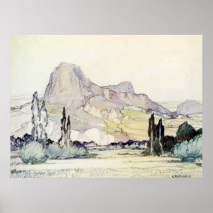 Poster Vintage Antique Landscape Watercolor Le Puy France