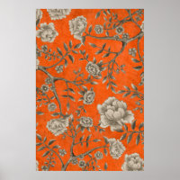 Vintage Apricot Orange Botanique Chinoiserie Art