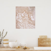 Vintage Art Nouveau Crème Floral Femme & Swans