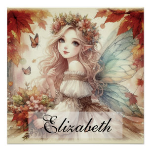 Poster Vintage automne Fée avec feuilles d'automne