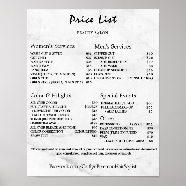 Poster Vintage Beauty Salon Price List (Devant)