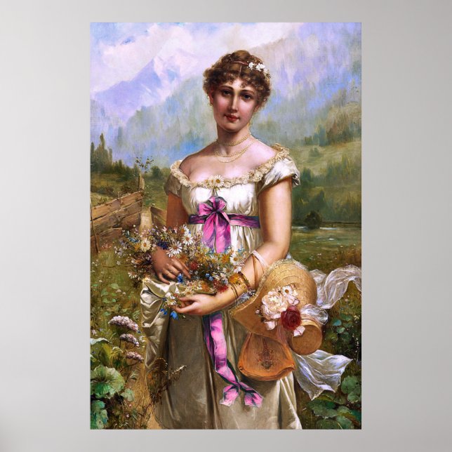 Poster Vintage Belle Lady rose Ruban Fleurs blanches (Devant)