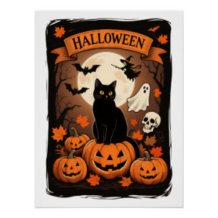 Poster Vintage Black Cat Citrouille Éffrayant Halloween