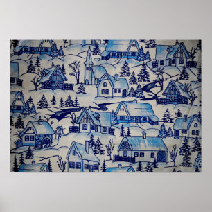 Poster Vintage Blue Christmas Village
