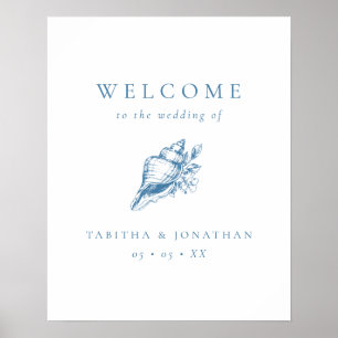 Poster Vintage Blue Seashell Beach Mariage Bienvenue