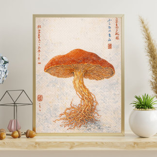 Poster Vintage Botanical Mushroom Illustration, Japanese