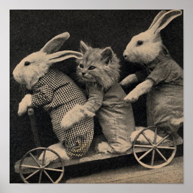 Poster Vintage - Bunnies & Kitten Voyageurs, (Devant)