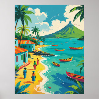 Poster Vintage Caribbean island life scene colourful