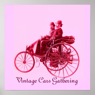 Poster Vintage Cars Rassembler, rose fuchsia rouge violet