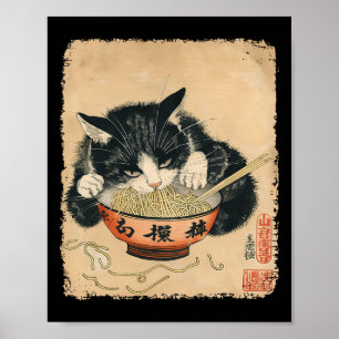 Poster Vintage chat manger Ramen nouilles gothique Otaku