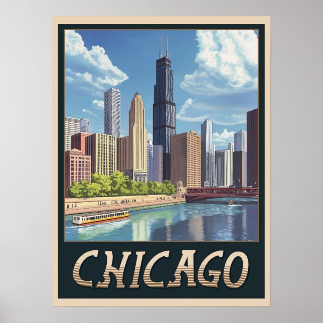 Poster Vintage Chicago City Skyline (Devant)