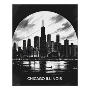 Poster Vintage Chicago Illinois City Skyline Retro Travel