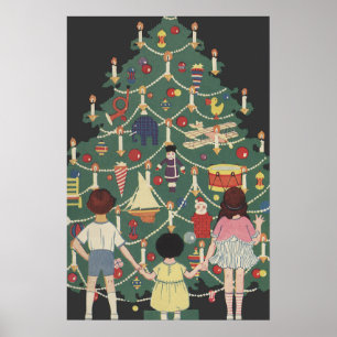 Poster Vintage Christmas Children Around a Decorated Tree